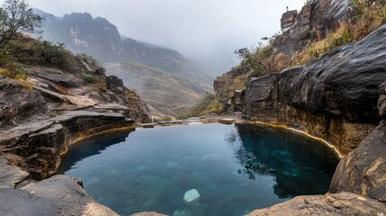 Obraz premium Serene Mountain Pool in Misty Landscape