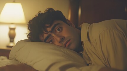 Man lying in bed with wide-open eyes, showing deep concern and fatigue, unable to sleep in dimly lit room with soft glow from nightstand lamp