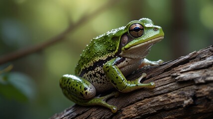 a vibrant green frog perched on a tree branch, its skin glistening with moisture. The frog's large, bulging eyes and wide smile give it a curious and friendly expression.