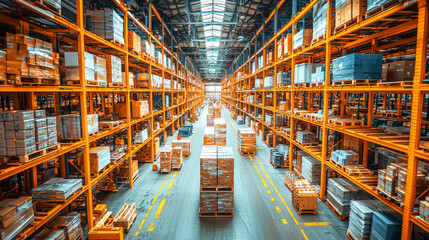 Fototapeta premium Warehouse Efficiency: A panoramic view of an expansive warehouse, showcasing rows of towering shelves meticulously stocked with goods.