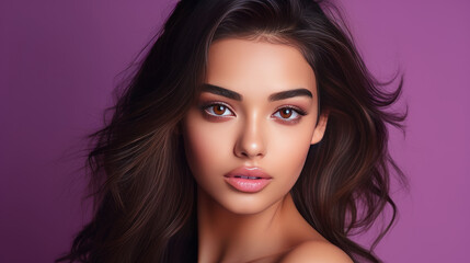 Naklejka premium Portrait of smiling latin american teenage girl with purple background.