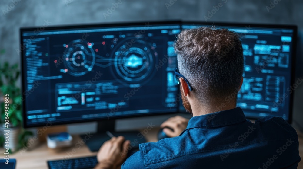Poster a focused individual analyzes complex data visualizations on dual monitors in a contemporary office 
