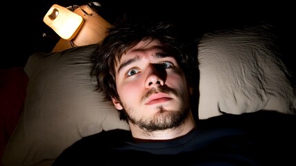 Man lying in bed with wide-open eyes, showing deep concern and fatigue, unable to sleep in dimly lit room with soft glow from nightstand lamp