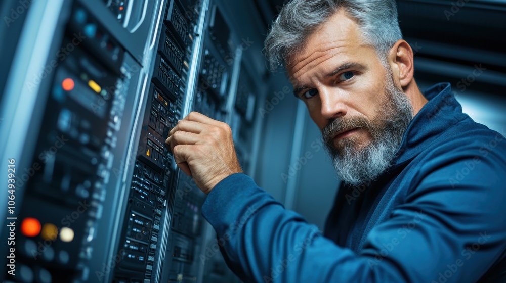 Poster a technician in a blue jacket focuses on adjusting server settings in a high-tech data center, ensur