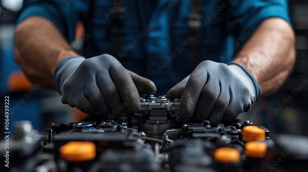 Poster a skilled mechanic diligently works on assembling engine components in a well-lit workshop, showcasi