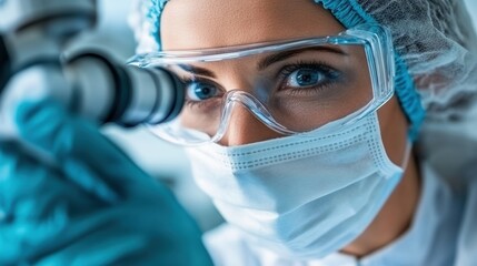 In a laboratory setting, a dedicated researcher intensely examines samples through a microscope. She is wearing gloves, a mask, and protective eyewear, emphasizing safety