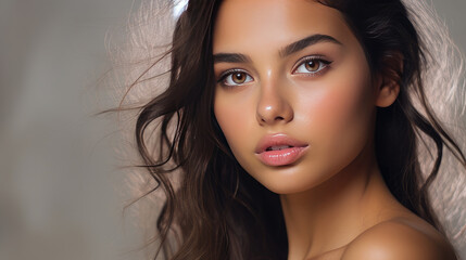 Naklejka premium Portrait of smiling latin american teenage girl with silver background.