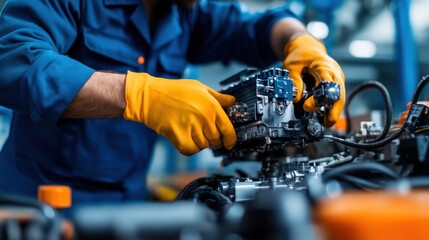 A technician in a blue uniform and yellow gloves carefully assembles engine parts on a workbench in a busy factory. The environment is filled with machinery and tools