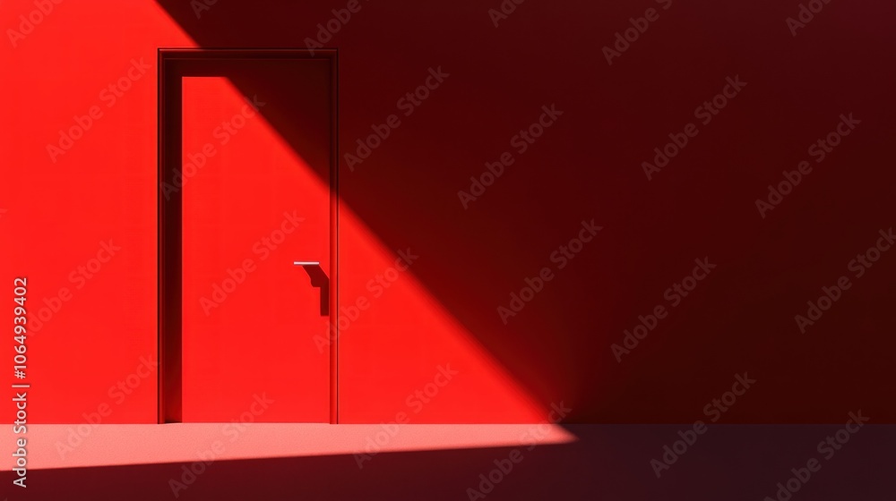 Poster a vibrant red door is positioned against a matching wall, casting sharp shadows that enhance the min