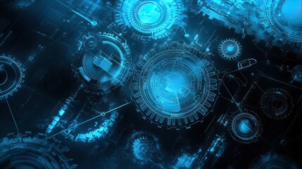 Obraz premium Futuristic Digital Interface with Circular Schematics and Blue Technology Elements, Symbolizing Advanced Engineering