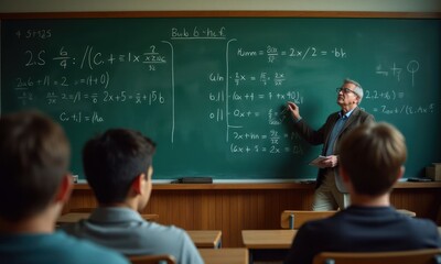 Math teacher is standing in front of blackboard with equations on it. The students are sitting at desks in front of the board