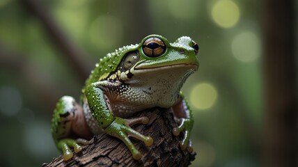 Naklejka premium a vibrant green frog perched on a tree branch, its skin glistening with moisture. The frog's large, bulging eyes and wide smile give it a curious and friendly expression.