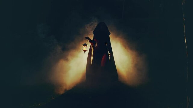 unrecognizable silhouette gothic woman ghost walking in dark dense fog forest hands hold lantern lamp illuminating mystical way. long black dress cape hood. Fantasy girl elf princess. Night nature 