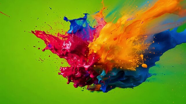 Vibrant streams of blue, orange, and pink paint collide and burst against a solid green screen background, creating a dynamic display of color and energy in fluid motion