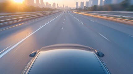 Road to the City: A car speeds down a highway towards a sprawling cityscape, with motion blur effects capturing the dynamic movement and speed of travel. The sun rises at the horizon