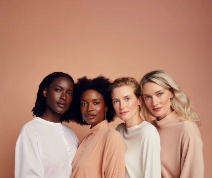 Four beautiful powerful diverse women beauty wellness empowerment minimal skincare neutral pastel elegant soft lifestyle international womens day harmony support African black caucasion American ladys