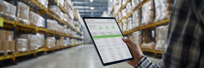 An industrious worker efficiently oversees inventory using a digital tablet in a modern warehouse, showcasing cuttingedge logistics and supply chain practices for optimal operations