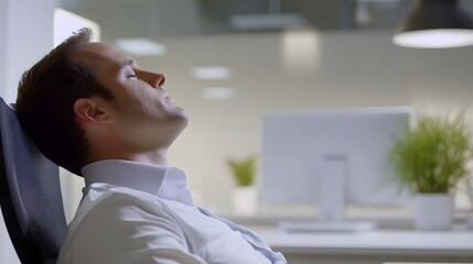 Man sitting at desk with head tilted back, eyes closed, and mouth slightly open, appearing to fall asleep during workday. Tired office worker amidst stress and fatigue in typical office	