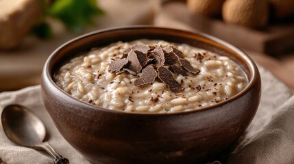 A warm bowl of creamy porridge sits on a rustic table, garnished with chocolate pieces and crunchy nuts, inviting a comforting start to a chilly morning in a cozy kitchen.
