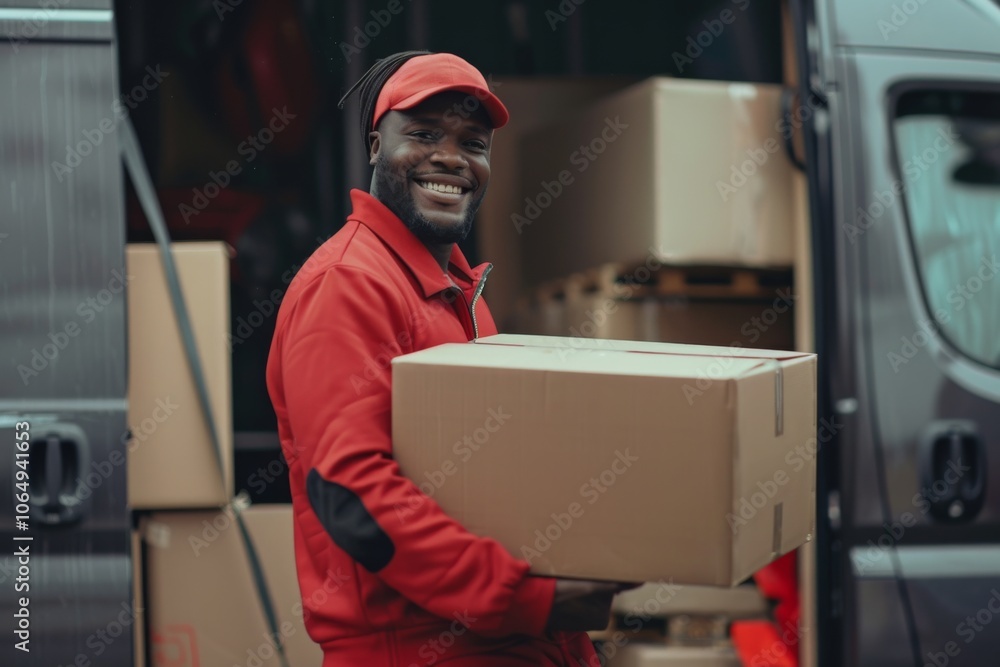 Poster a cheerful delivery person wearing a red uniform and cap holds a package while standing next to a de
