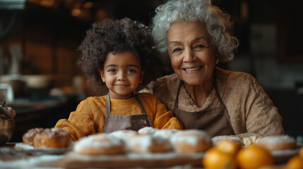 Child and grandmother in the kitchen bakes prepares the dough in the kitchen. Selective focus. Food.