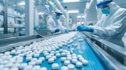 Fototapeta premium Workers in protective gear are monitoring a pharmaceutical production line with numerous white pills. The scene depicts a modern, sterile environment focused on medication manufacturing.