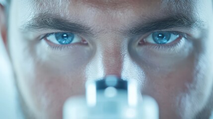 Precision Focus: Close-up, intense gaze of a scientist peering into a microscope lens, highlighting the dedication to scientific research. Capturing the essence of knowledge and discovery
