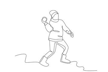 Fototapeta premium Continuous one line drawing. Man throwing snowballs. Tourist sport concept. Vector illustration black on white 