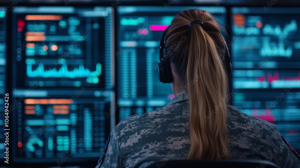 Poster cybersecurity vigilance: a female soldier monitors multiple screens displaying complex data streams,
