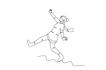 Fototapeta premium Continuous one line drawing. Woman who slipped while playing in the snow. Tourist sport concept. Vector illustration black on white 