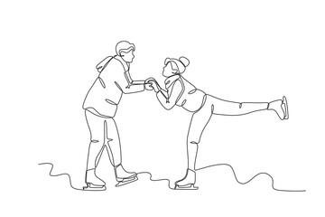 Continuous one line drawing. Couple ice skating in winter. Tourist sport concept. Vector illustration black on white