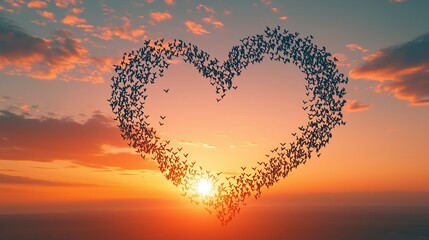 Large group of birds form a heart in the sky in front of sunset