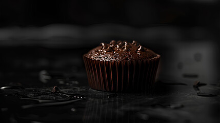 Chocolate cupcake sits on a dark surface. The cupcake is covered in chocolate frosting and chocolate chips. Concept of indulgence and sweetness