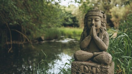 An ancient stone statue in a serene natural setting, stock photo