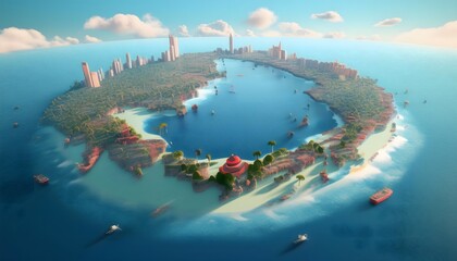 Naklejka premium ASEAN Trade Network, 3D visualization of interconnected buildings and technology for trade.