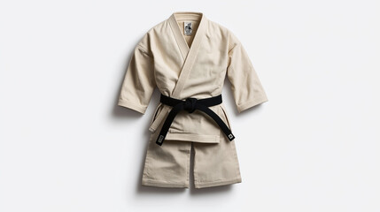 Tan martial arts gi with black belt on white background, showcasing traditional uniform for disciplines like judo or karate