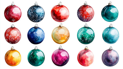 A set of vibrant, watercolor Christmas balls in various colors, delicately painted with festive patterns and textures, isolated on a white background