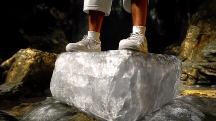 Feet in sneakers atop a rock in a dark cave, an adventurous scene of exploration
