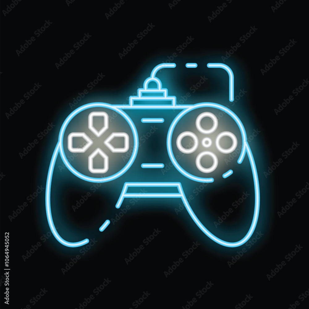 Poster bright blue neon sign depicting a video game controller with directional pad and multiple buttons, g