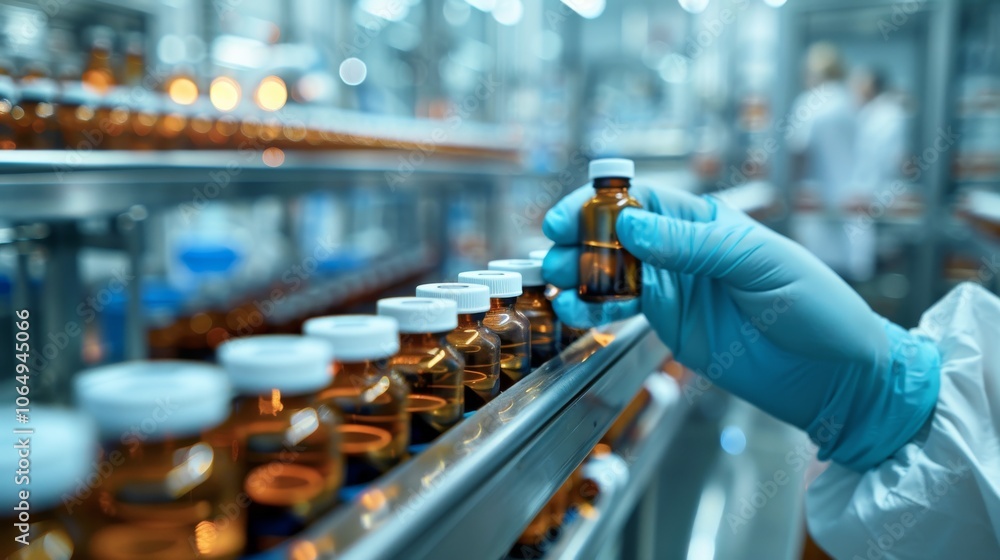 Poster a pharmaceutical worker is meticulously inspecting bottles on a production line, ensuring accuracy i