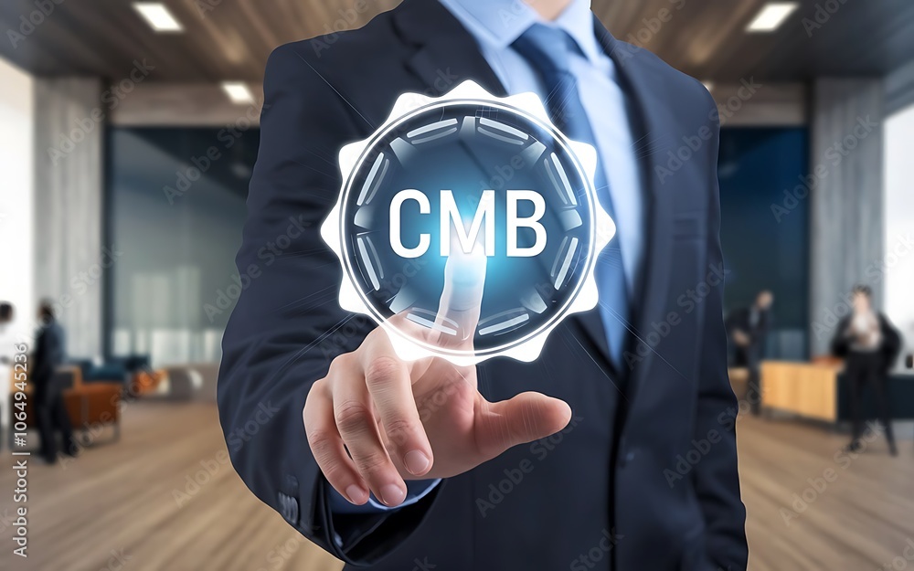 Poster accessing cmb system: businessman interacts with a futuristic digital interface, activating the cmb 