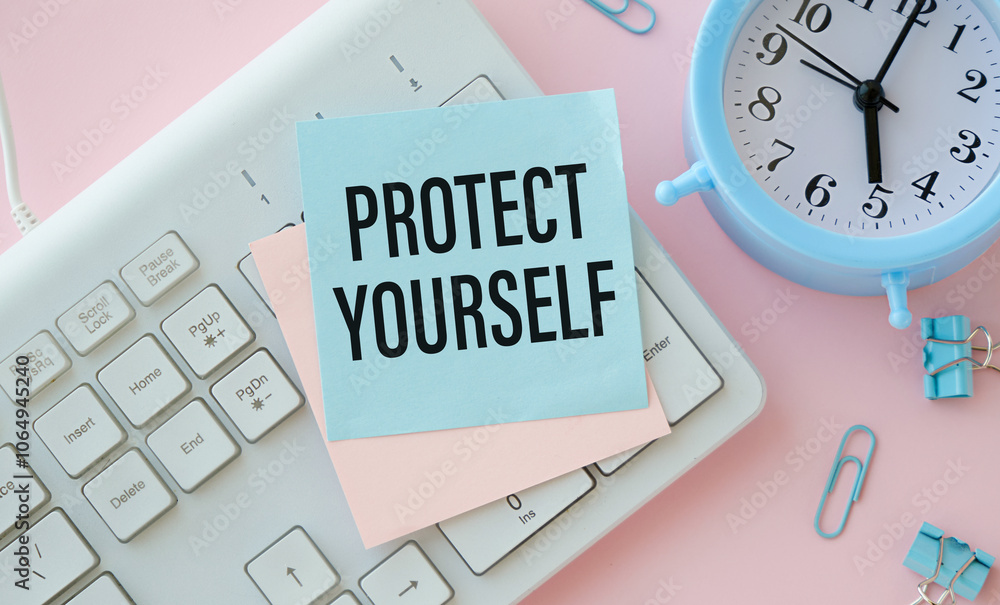 Poster protect yourself text on clipboard with keyboard on pink background