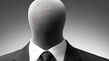 A headless man wearing a suit stands against a plain background