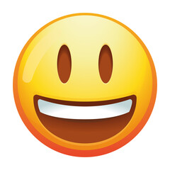 A vibrant grinning emoji face with big eyes and a wide smile, showcasing joy and playfulness in bright yellow colors and simple cartoon features.