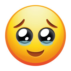 An emoji face holding back tears, featuring a big smile and glistening eyes, conveying a mix of joy and overwhelming emotions in bright yellow.
