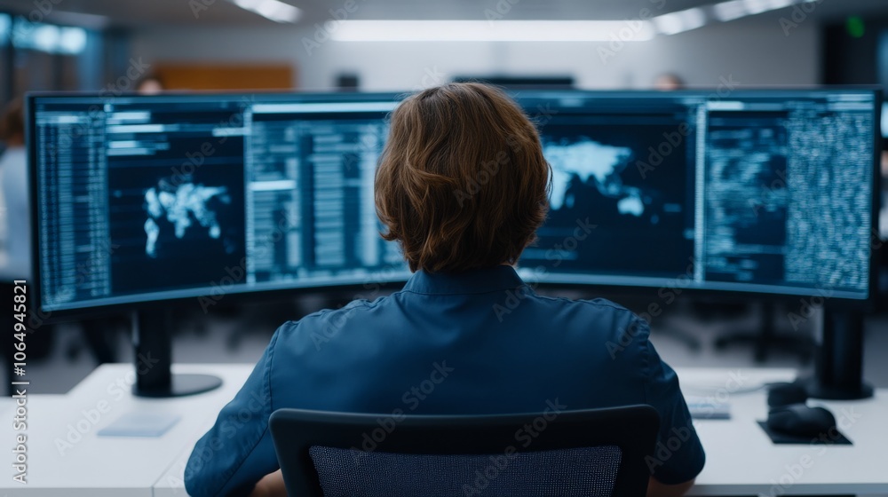 Poster cybersecurity analyst at work: a focused cyber security professional analyzes data on multiple monit