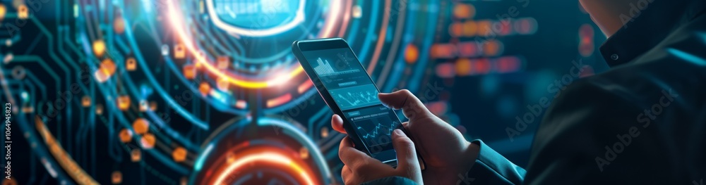 Poster Business professional is analyzing financial graphs and data on a smartphone screen in a futuristic digital interface. This represents modern technology and data analysis in corporate settings