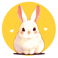 Fototapeta premium A cute, cartoon-style white rabbit sitting against a bright yellow background with hearts.