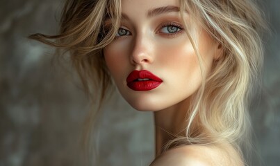 Fototapeta premium Beautiful young woman with blonde hair and bold red lipstick showcasing modern femininity and elegance
