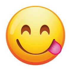 A delightful emoji face savoring food, featuring closed eyes and a big smile, expressing enjoyment and satisfaction with bright yellow colors.